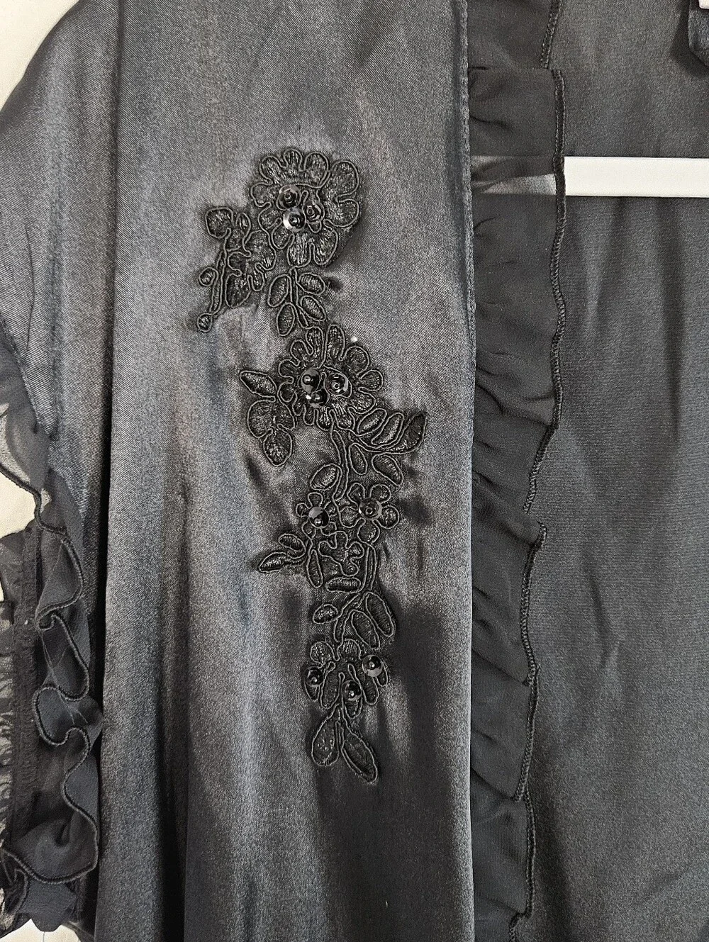 Linea Donatella Black Satin Short Wrap Chemise Ruffle Sleeve Floral Embroidered